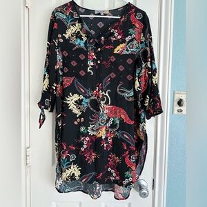 Figueroa & Flower Black Floral Women Tunic Blouse Top Size XL
